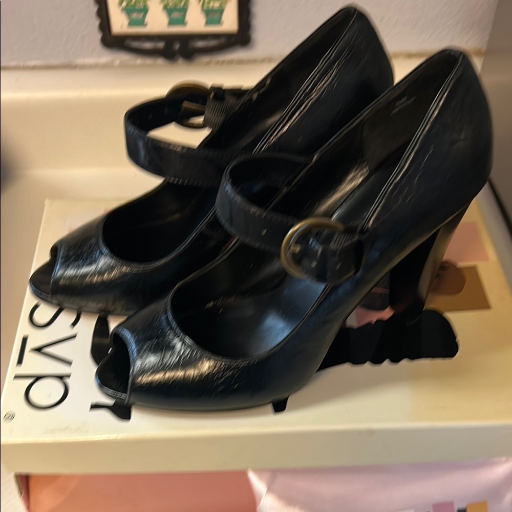 RSVP Black Peep-Toe Heels with Buckle